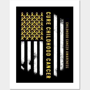 Cure Childhood Cancer Gold Ribbon USA American Flag Posters and Art